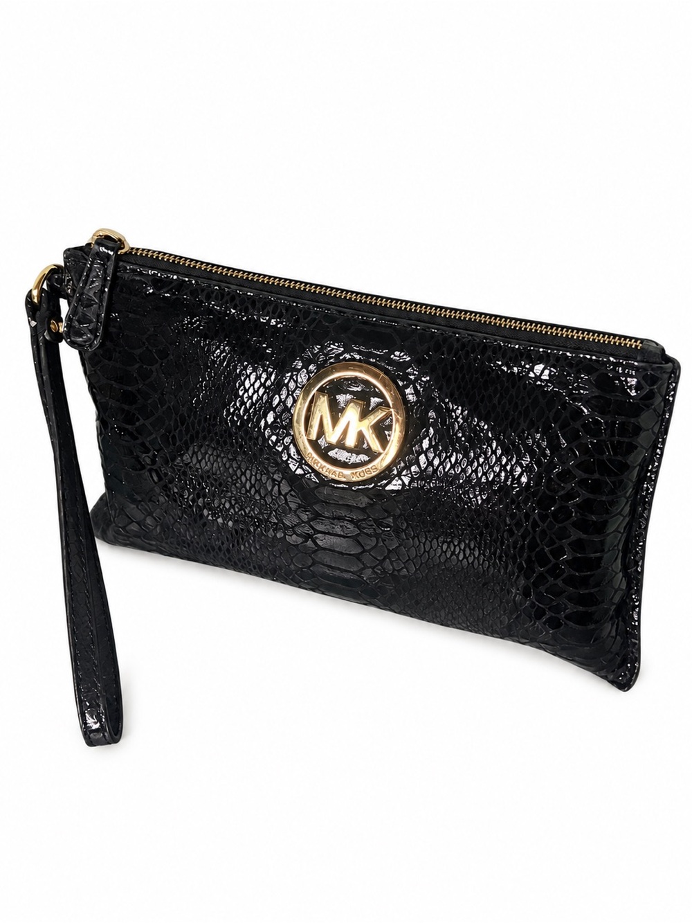 Michael Kors Fulton Black Snake Embossed Patent Wristlet Clutch Gold MK